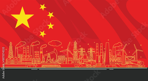 Golden outline of China's diverse industrial landscape, featuring factories, energy production, and infrastructure beneath its national flag.