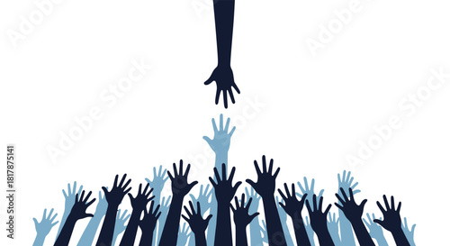 A helping hand extends downwards to a crowd of upward-reaching hands, representing assistance, support, and collective aspiration.
