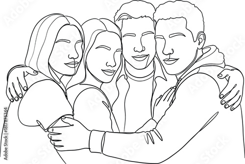 A black and white line drawing of four young people, two males and two females, embracing each other in a close hug. The style is simple and sketchy, suggesting a friendly and intimate moment.
