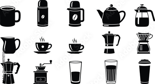A collection of vector silhouette icons depicting various coffee and beverage-related containers and brewing equipment. The set includes mugs, thermoses, teapots, French presses, coffee makers