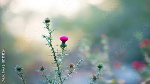 imprecise. A lone vibrant flower blooms among thorny bushes in a serene morning garden. gardening catalogs, home-decor guides, designed for gardening and botanical catalogs.
