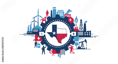 Texas economy and industry graphic, featuring the state map within a gear, surrounded by symbols of energy production, manufacturing, and labor.