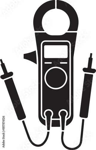 Black and white illustration of a clamp meter and test leads