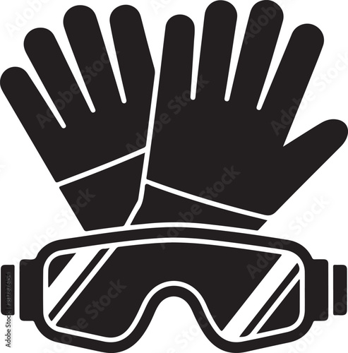 Black and white icon of safety goggles and work gloves