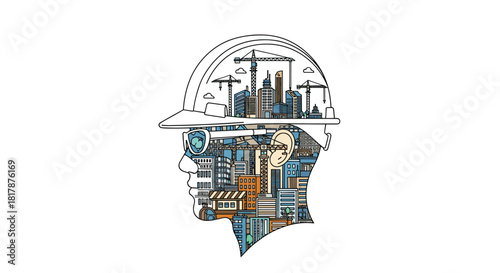 A visionary engineer's mind with an urban cityscape and construction cranes, symbolizing planning, development, and architectural thought.