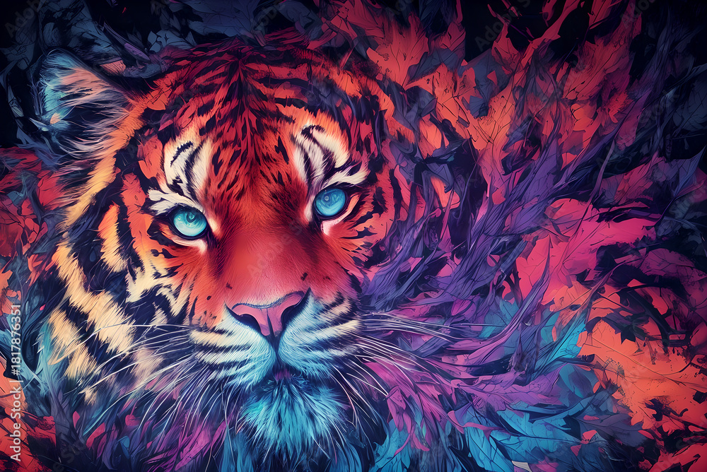 Fototapeta premium Abstract tiger head, portrait art - Colorful abstract painting of neon jungle tiger portrait (Generative AI)