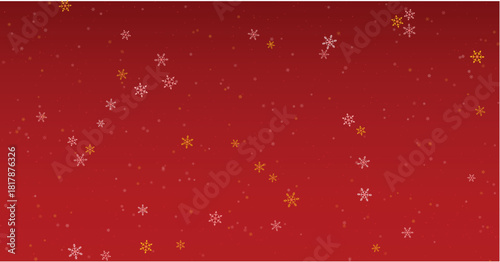 Christmas background with gold and white snowflakes falling on red gradient.