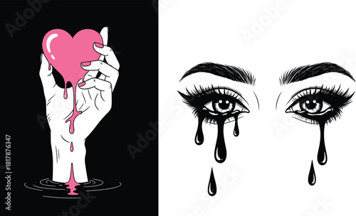 Melting heart in hand and crying eyes illustration, emotional heartbreak concept art, surreal dripping tears design for tattoo and graphic projects