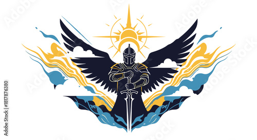 Majestic winged warrior in armor, holding a powerful sword, with a shining sun behind, enveloped by dynamic blue and gold currents.