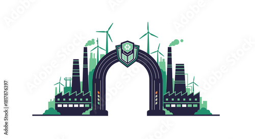 Illustration of an industrial landscape with factories, wind turbines, and an arched gateway, symbolizing a transition to sustainable energy.