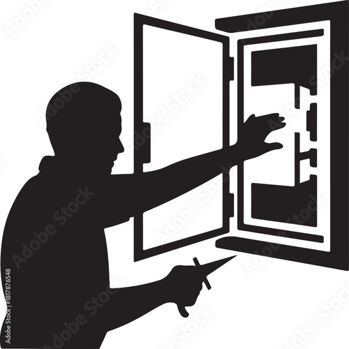 Silhouette of a person reaching into an open electrical panel with a tool