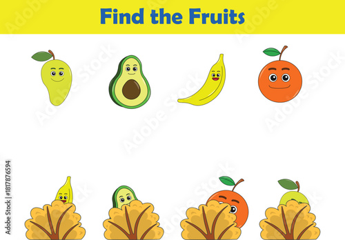 Find Hiding fruits. Child Exercise Sheet with fruits. Printable worksheet. Cartoon vector illustration