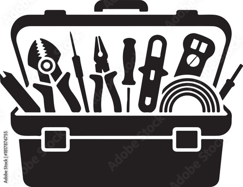 Illustration of an open toolbox filled with various hand tools and electrical equipment