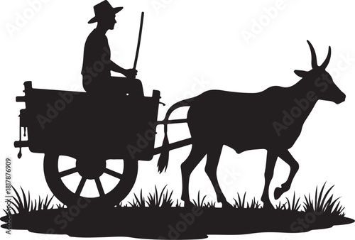 Silhouette of man driving ox cart through grass vector