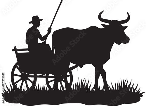 Silhouette of man driving ox cart through grass vector