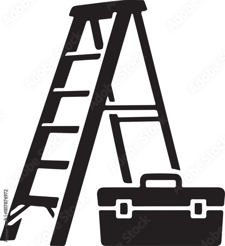 Silhouette of a stepladder and toolbox for construction or repair work