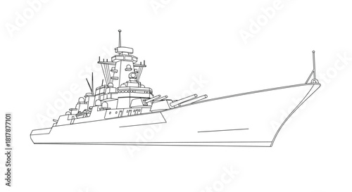 A detailed line drawing illustrating the side view of a powerful battleship, showcasing its formidable gun turrets and complex superstructure.