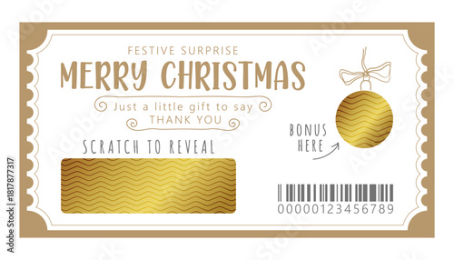 Merry Christmas gift voucher template. Scratch to reveal. Vector layout of lucky ticket. Whimsical style and gold.
