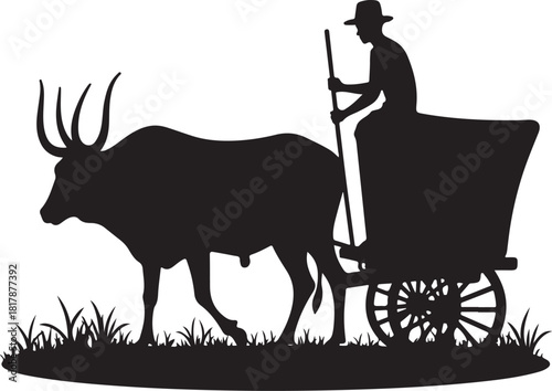 Silhouette of man driving ox cart through grass wagon