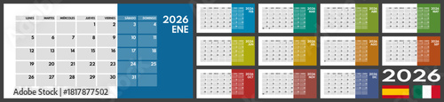 2026 whole year monthly office planner or wall calendar horizontal grid layout, monday first, two weekends, spanish months name, each month on separated page, ready for print