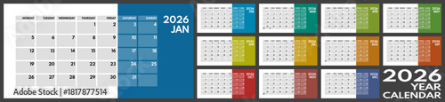 2026 whole year monthly office planner or wall calendar horizontal grid layout, monday first, two weekends, each month on separated page, ready for print