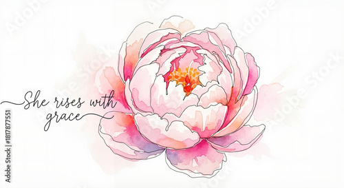 Peony in pastel pinks and coral loose watercolor illustration with handwritten quote “She rises with grace” soft uplifting mood, floral empowerment concept