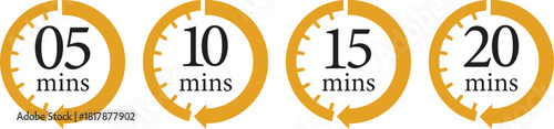 Minute Timer Icon set.Minute interval circular arrow vector. Countdown timer symbol.Alarm clock symbol. Watch countdown and Stopwatch sign. Simple express pictogram collection. Label cooking time.
