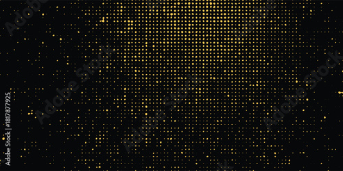 Vector halftone gold dots gradient diagonal tilt on black.
