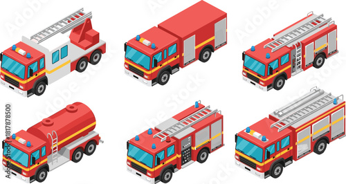 Isometric fire trucks collection featuring ladder trucks, tankers, rescue vehicles and emergency response engines in detailed vector illustration for firefighting concepts