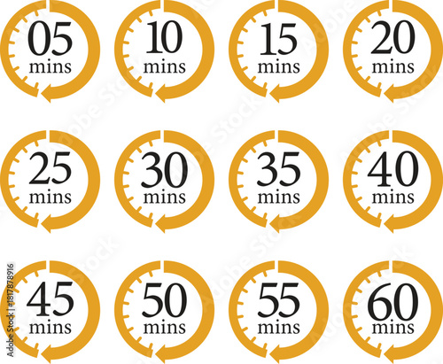 Minute Timer Icon set.Minute interval circular arrow vector. Countdown timer symbol.Alarm clock symbol. Watch countdown and Stopwatch sign. Simple express pictogram collection. Label cooking time.
