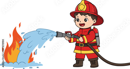 Cartoon firefighter extinguishing flames with water hose, emergency rescue vector illustration for fire safety, protection, hero character and education
