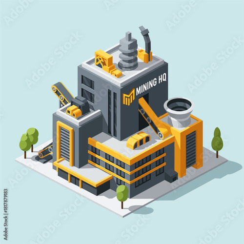 Isometric Mining Headquarters Building with Cranes and Smokestacks.