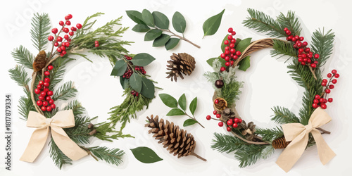 Vector  christmas  two christmas wreaths with red berries pine cones and bows on a white background flat lay