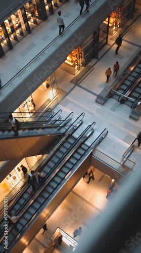 Urban Shopping Mall with Busy Escalators and Shoppers in Motion