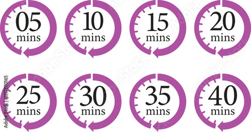 Minute Timer Icon set.Minute interval circular arrow vector. Countdown timer symbol.Alarm clock symbol. Watch countdown and Stopwatch sign. Simple express pictogram collection. Label cooking time.