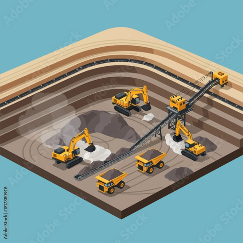 Isometric Open Pit Mine with Heavy Machinery and Conveyor Belt System.