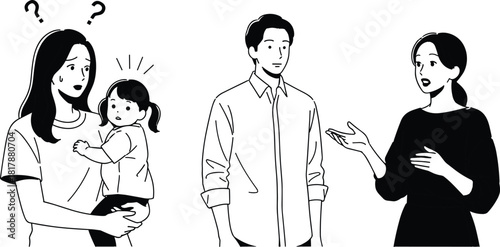 Confused mother holding child, parents discussing problem, family communication issues, parenting stress, misunderstanding between adults and child in black and white illustration