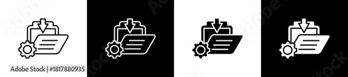 Library icon set in line and glyph style on black and white background