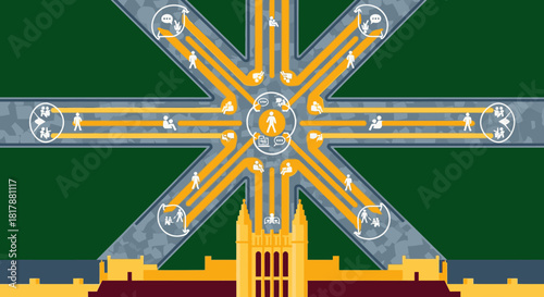 A stylized illustration of modern urban planning, showing a central civic building acting as a hub, connecting various communities and transportation routes.