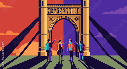 A vibrant illustration depicts adventurous friends at a grand archway, symbolizing a transformative journey into new opportunities and contrasting worlds.