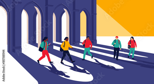 Diverse students walk through a sunlit arched corridor on a university campus, casting long shadows, symbolizing education and a bright future.