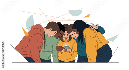 A diverse group of young individuals huddles together, captivated by a shared smartphone screen, highlighting contemporary digital interaction.