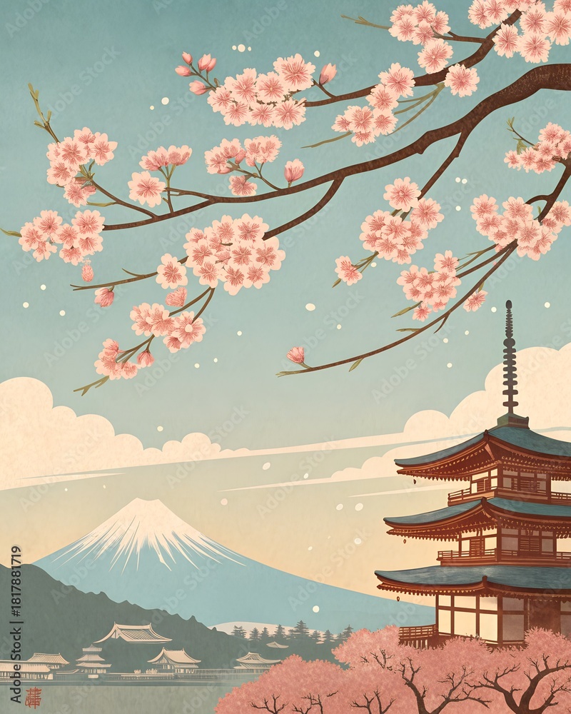 Fototapeta premium Cherry Blossoms, Pagoda and Mount Fuji, Japan Art Illustration