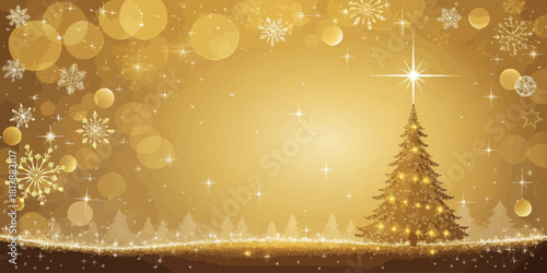 Vector  christmas  a golden christmas scene with a christmas tree snowflakes and bokeh lights in the background