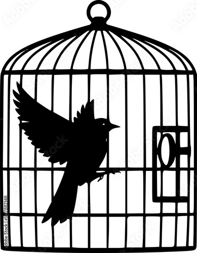 Bird escaping cage silhouette perfect for mental health, healing, and freedom concept art