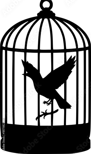 Flying bird escaping cage silhouette for inspirational and motivational artwork