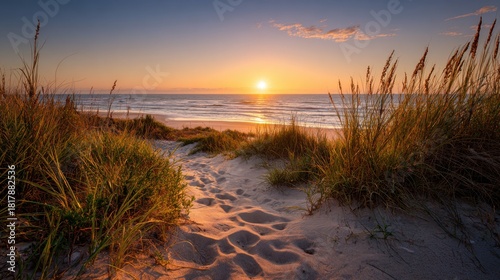 The sun sets over the ocean, casting a warm glow on the sandy beach and the tall grass, creating a peaceful and serene atmosphere for a relaxing evening
