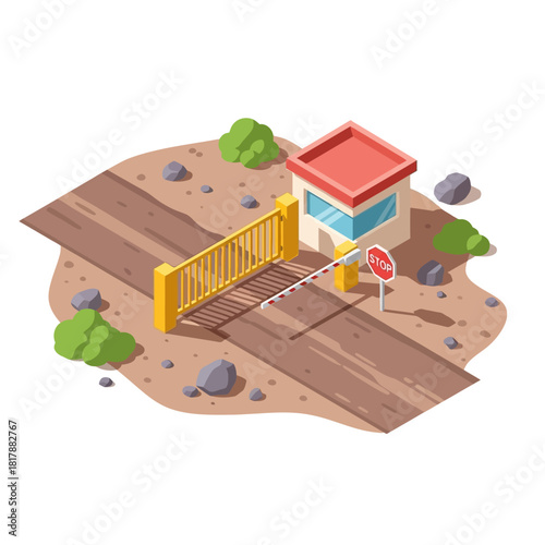 Isometric security checkpoint with a barrier gate and guardhouse.