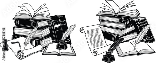 Classic scholarly composition with antique books, feather quills, ink bottles, and ancient parchment scrolls