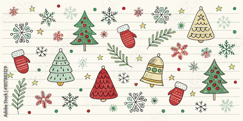 Vector  christmas  doodle christmas background with trees snowflakes mittens bells and stars on lined paper